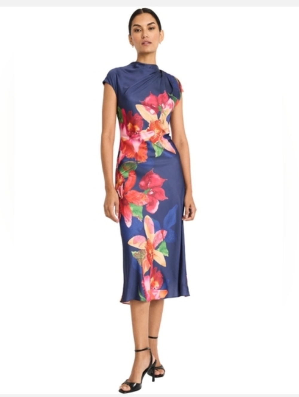 Maggy London Mock Neck Midi Length A-line Cap Sleeve Floral Dress Size 4 NWT - Picture 3 of 11